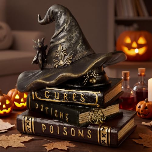 Halloween Witch Spellbook Decor with Wizard Hat - Spooky Tabletop Decor
