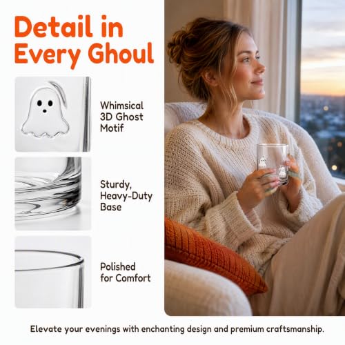 Halloween Ghost & Bat Glass Cups Set - 16oz Hand Blown Drinking Glasses, Party Supplies & Gift