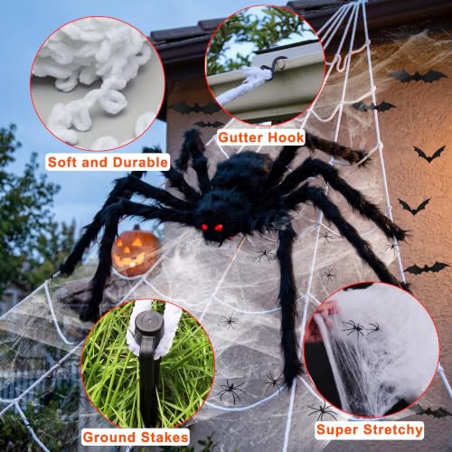 Halloween Giant Spider Decorations Set with Small Spiders and Bat for Yard & Party