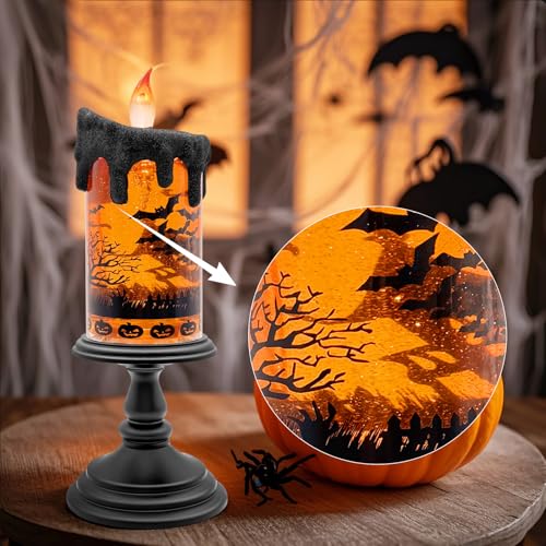 Halloween Snow Globe Flameless Candle - Brown Spinning Water Lantern with Timer