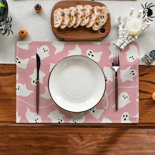 Pink Ghost Halloween Placemats Set of 4 - 12 x 18 Inch Rectangular, Spun Polyester