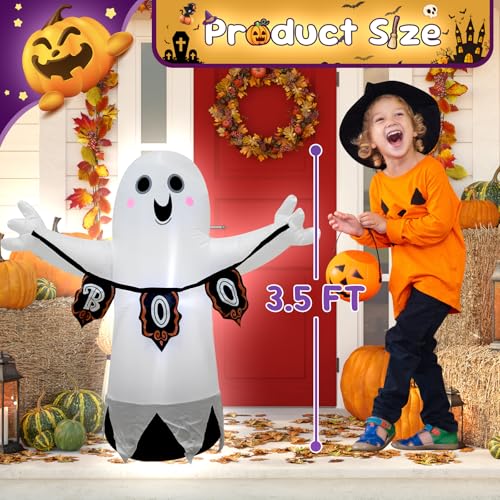 VIKIMORA White Ghost Halloween Inflatable Decor with LED Light - 3.5ft Spooky Yard Decoration