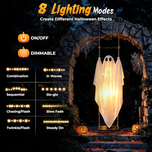 Halloween Hanging Ghost Decorations - 5 FT Swinging Ghosts with Adjustable Arms & 8 Light Modes - White, Outdoor & Indoor, 2 Pack