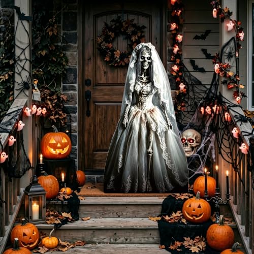 Halloween Ghost Bride Cardboard Cutout - Spooky Skeleton Woman Standee for Haunted House & Yard Decor