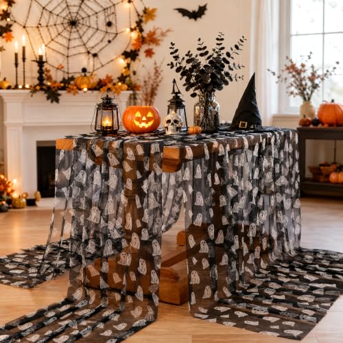 Ghost Halloween Table Runner 29x120 Inch Black Tulle Party Linen - 1 Pack