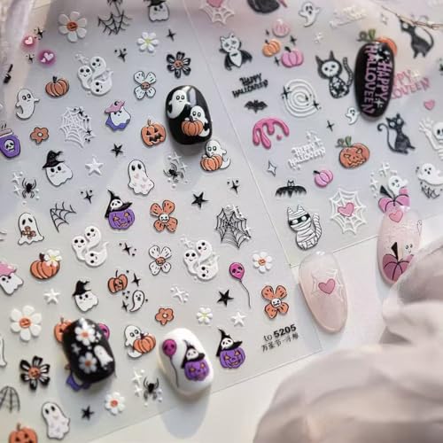 Halloween Ghost Nail Art Stickers 5D Embossed Pumpkin Skull Spider Web - Style C, 2 Sheets