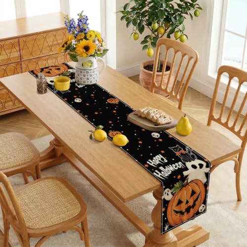 Halloween Table Runner Jack O Lantern Pumpkin Ghost Black Cat 13 x 72 inch - Farmhouse Fall Holiday Decor