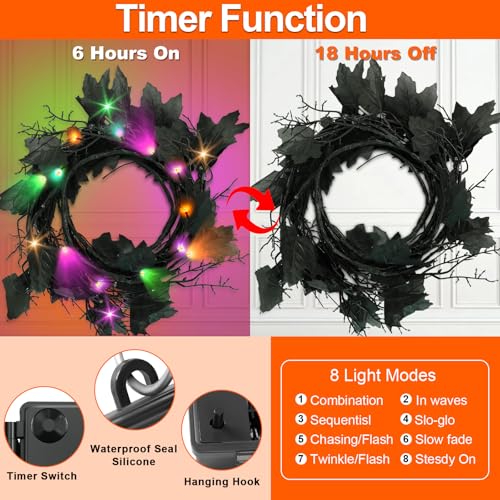 9FT LED Halloween Garland with Purple, Green & Orange Lights, Black Leaves, Battery Operated