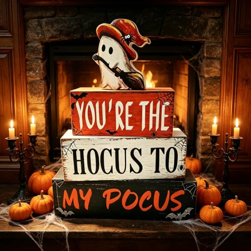 Halloween Wooden Tiered Block Decor Set - Spooky Ghost Witch & Puns for Indoor Party