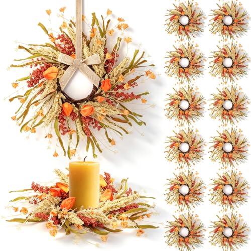 Fall Candle Ring Set - 12 Pcs 9 Inch Autumn Wreaths with Flowers for Decor - Fall Variation 12