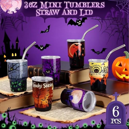 Halloween Shot Glasses Mini Tumblers with Straw & Lid - 6 Pack - Pumpkin Castle Variation