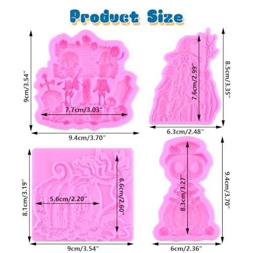 Halloween Silicone Mold Set of 4 - Skull Skeleton Witch Pumpkin Tombstone