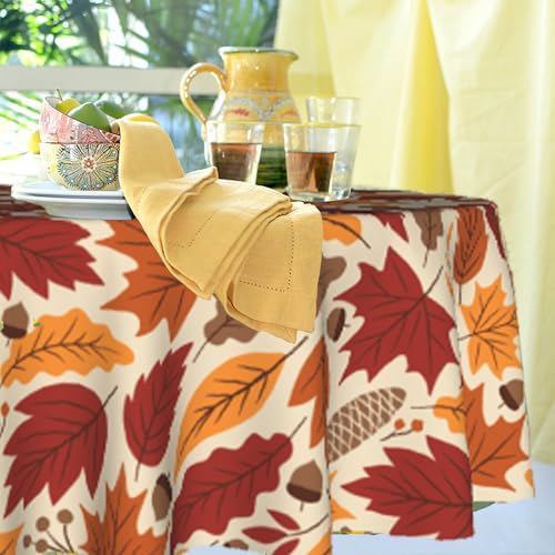 Fall Maple Leaf Round Tablecloth 60 Inch - Autumn Waterproof Decor, Yellow