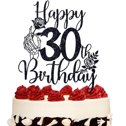 Gothic 30th Birthday Cake Topper Skeleton Hand Rose Glitter Decor