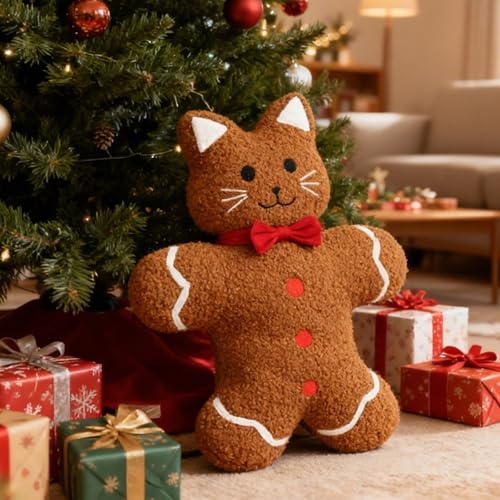 17 Inch Gingerbread Cat Plush Pillow - Cozy Decorative Throw Cushion