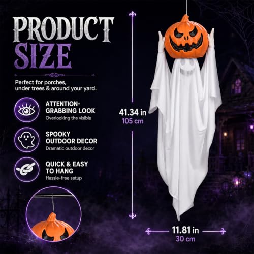 42-Inch Halloween Hanging Ghost Decoration with LED Eyes and Pumpkin
