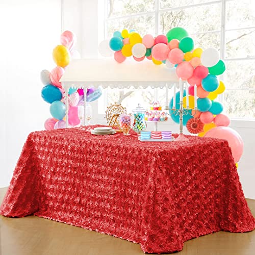 Red 90x156 Inch Satin Rosette Tablecloth - Floral Wedding Event Decor