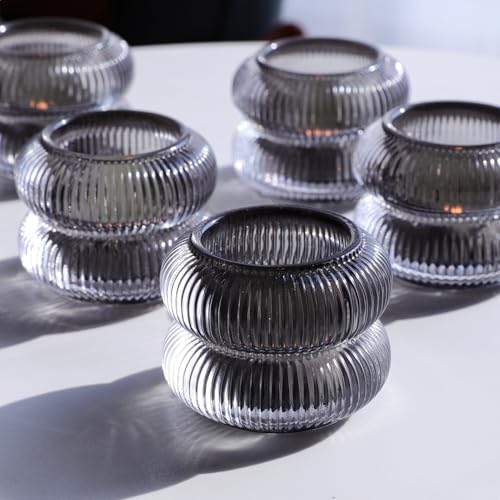 Gray Ribbed Votive Candle Holders Set of 12 - Halloween Decor, Pumpkin Shape