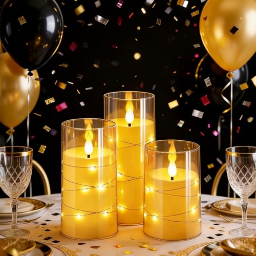 Flickering Flameless Candles with Star String Lights - 3 Pack Gold 4-5-6 Inch