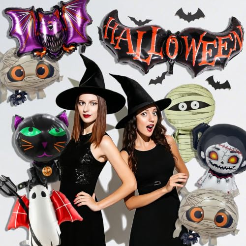 Halloween Balloons Pack with Bat Mummy Ghost Cat & Horror Doll Foil Balloons - Indoor Outdoor Decorations