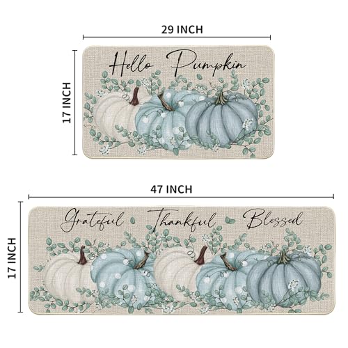 Hello Pumpkin Fall Kitchen Mats Set of 2 - 17x29 & 17x47 Inches, Blue