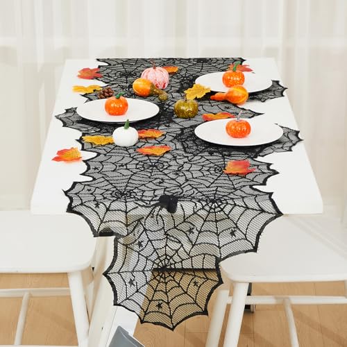 Halloween Spider Web Table Runner & Placemat Set - Black Lace Decor