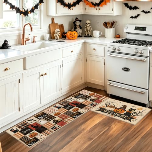 Halloween Patchwork Kitchen Rugs Set - Cat Ghost Pumpkin Floor Mats, 2 Pieces - Halloween Decor