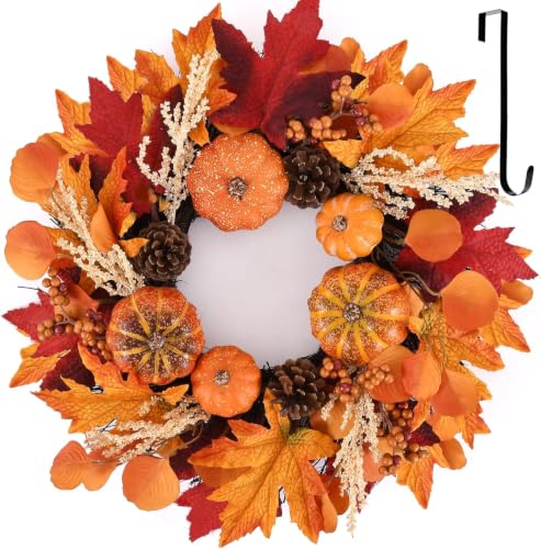 24 Inch Fall Pumpkin Wreath with Hanger - Autumn Harvest Door Decor