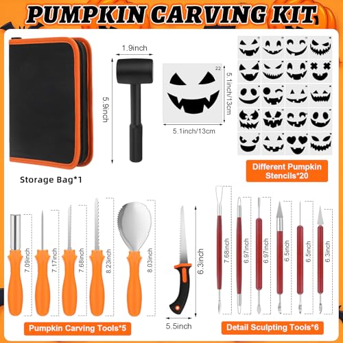 Halloween Pumpkin Carving Kit with 11 Stainless Steel Tools & 20 Stencils
