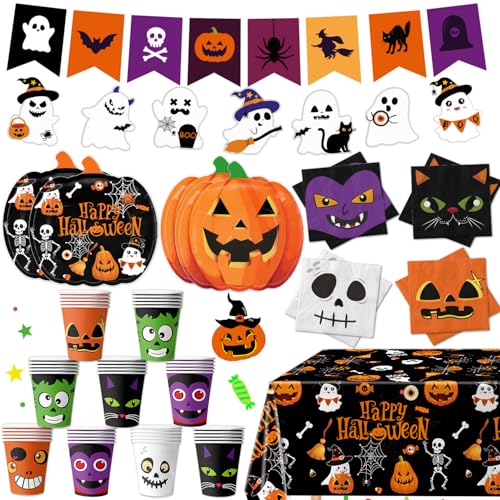 Halloween Party Supplies Kit with Pumpkin Plates Cups Napkins Banner & Tablecloth - Serves 24