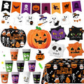 Halloween Party Supplies Kit with Pumpkin Plates Cups Napkins Banner & Tablecloth - Serves 24