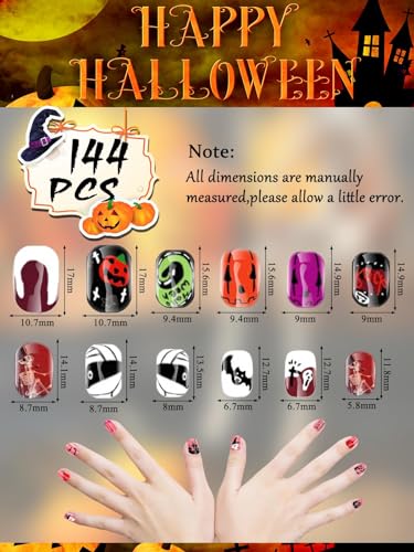 144 Pcs Halloween Kids Fake Nail Set with Ghost Skeleton Spider Pumpkin Designs