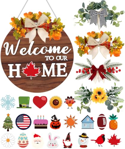 Multicolor Interchangeable Wood Welcome Sign with 21 Seasonal Inserts for Front Door