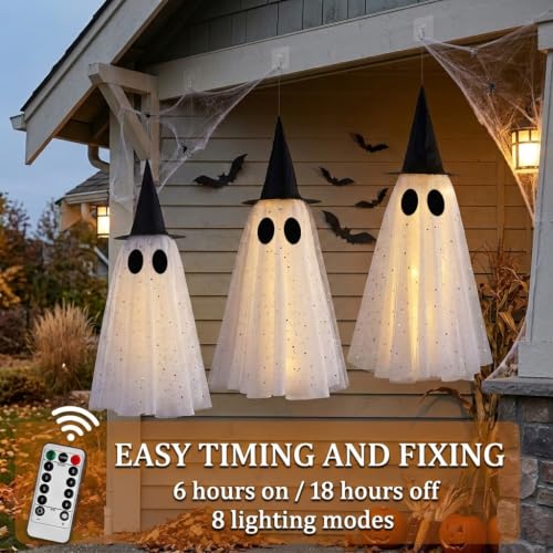 Halloween Hanging Ghost Decorations Set - 17.7/21.6/25.6 Inch Outdoor Ghosts with Witch Hat & Glowing Lights