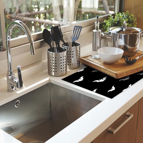 Halloween Black White Bats Dish Drying Mat 18x24 Inch Microfiber Kitchen Counter Decor