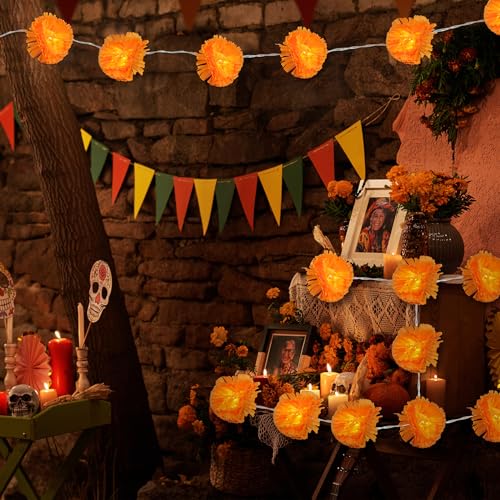 3 Pack LED Marigold Garland String Lights - 10 Ft 20 LEDs for Day of the Dead Halloween Diwali