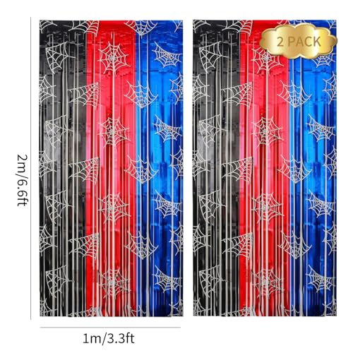 Spider Web Tinsel Fringe Curtains Set - Red Black Blue Metallic Party Backdrop & Photo Props
