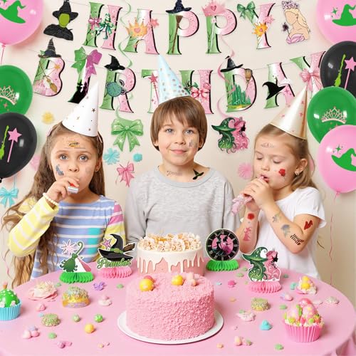 Witch Theme Birthday Party Decorations Set Pink Green Banner Balloons Centerpieces & Tattoos