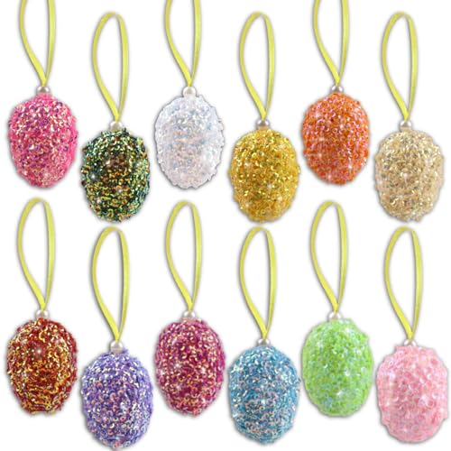 12PCS Glitter Easter Hanging Egg Ornaments for Tree & Decor