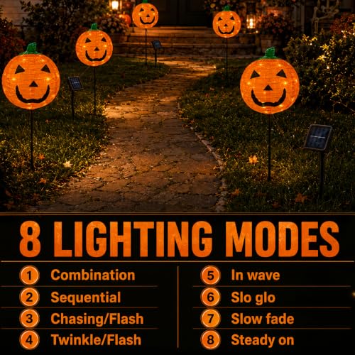 Solar Pumpkin Stake Light with 8 Modes - Halloween Yard Decor, Foldable Fabric Lantern, Metal Stand - Variation 4