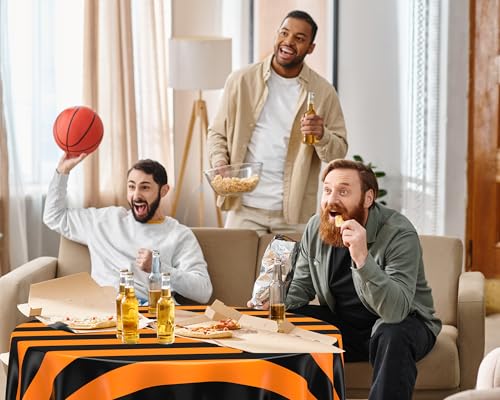 Black and Orange Striped Carnival Tablecloth - 6 Pcs, 84-Inch Round Disposable Linens - Party Decor