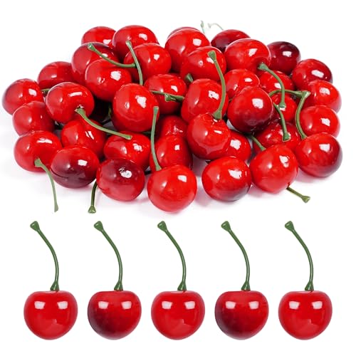Artificial Fake Cherries - Realistic Plastic Faux Fruit Decoration, 60 pcs