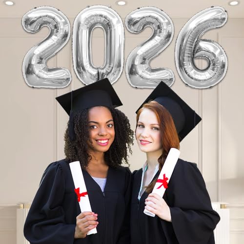40 Inch Silver 2026 Number Balloons for New Year & Graduation Decorations – Reusable Foil Globos