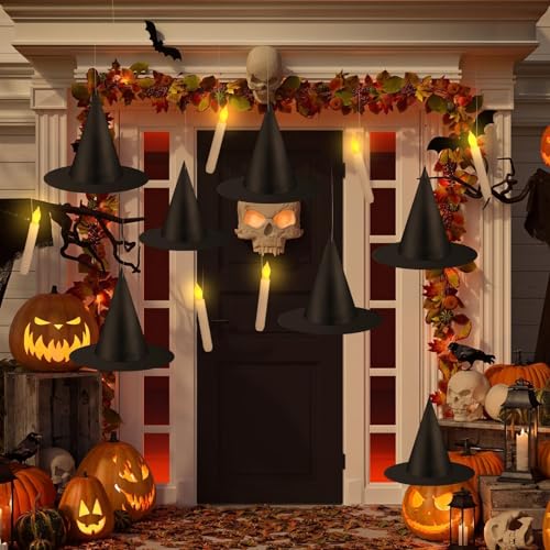Halloween Hanging Witch Hats & Floating Taper Candles Set - Spooky Decor