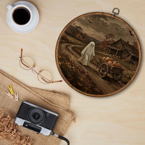 Farmhouse Halloween Round Wall Art Decor 10x10 Inch - Wooden Frame