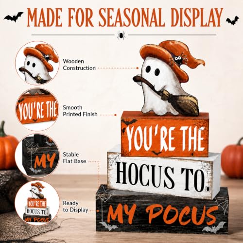 Halloween Wooden Table Sign Decor Set - Ghost Witch Bats Spiders Farmhouse Style