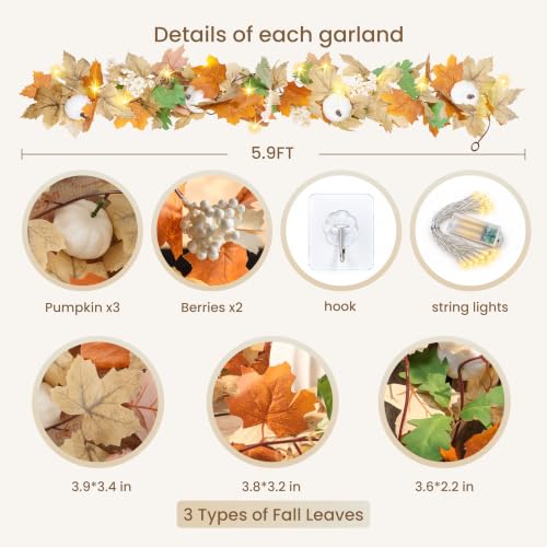 5 Pack Fall Leaf Garland with Lights 29.5Ft Maple Leaves String Lights Autumn Decor
