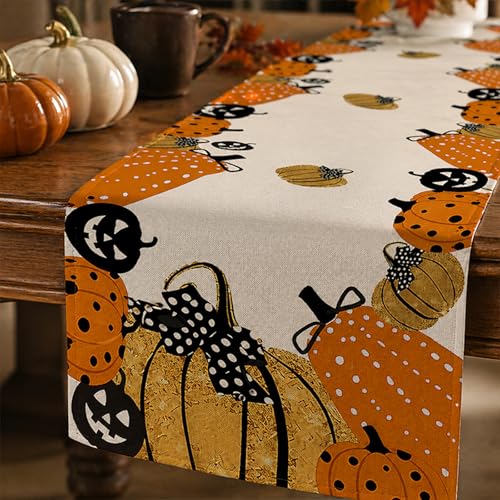 Halloween Jack-O-Lantern Pumpkin Table Runner - Holiday Kitchen Decor 13x72 Inch