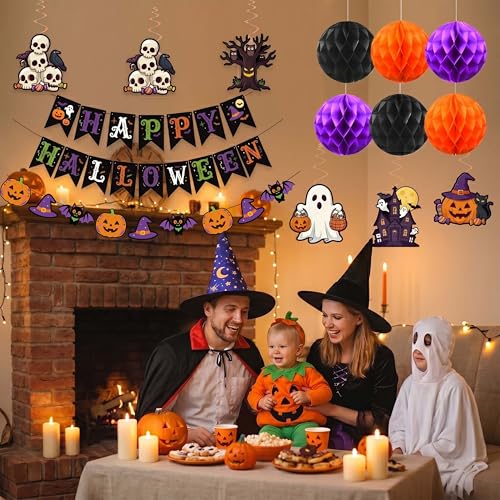 Halloween Party Decorations Indoor - Purple Orange Black Banner Pom Poms Swirls - Variation B