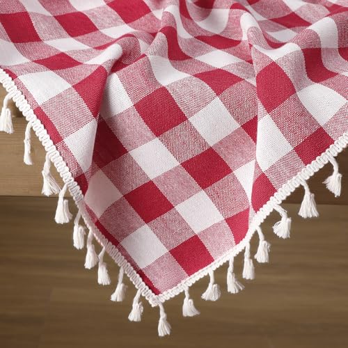 Red Gingham Tassel Tablecloth 55x102 Inch Rectangle Rustic Farmhouse Decor